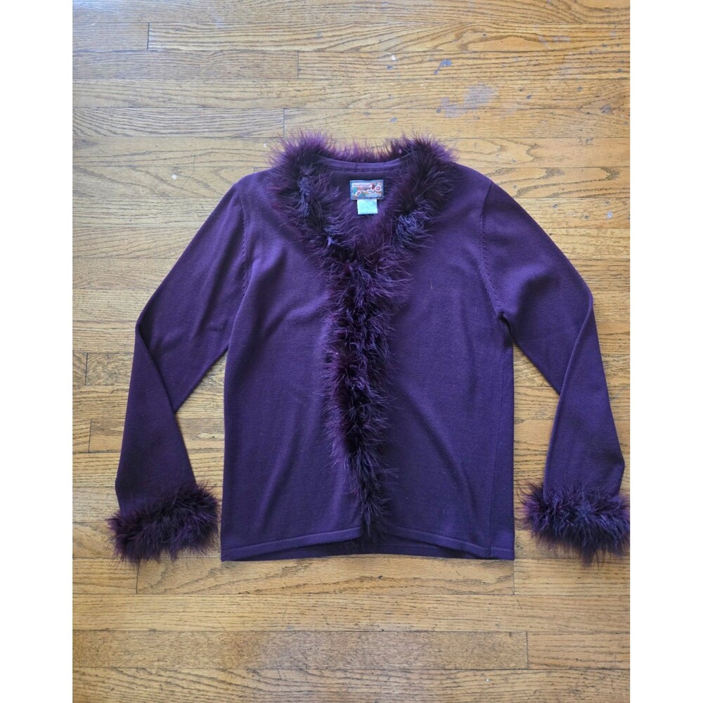 Vtg April Cornell Womens Merlot Feather Trim Knit Cardigan Sweater Size Medium
